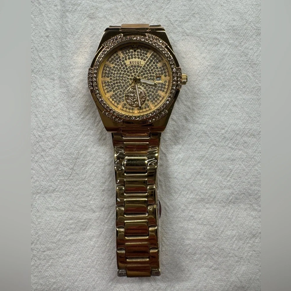 RUIQI Unisex Elegant Mechanical Watch - Full Golden Dial, Luminous Hands, NEW
